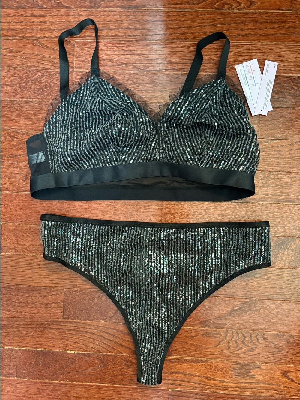 Black Sequin Bralette & Bikini Set - Women Intimates